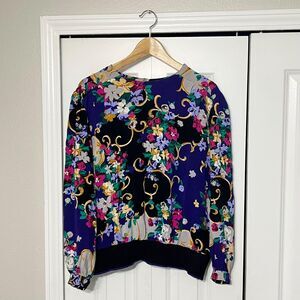 Vintage Koret Top Womens XL Floral Multicolor Rayon Long Sleeve Keyhole Blouse